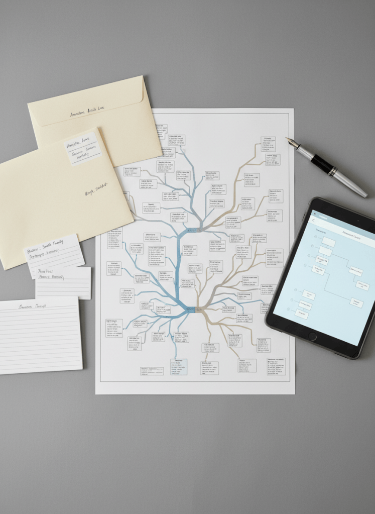 An elegant flat-lay composition of genealogy research materials arranged on a smooth, slate-gray tabletop. At the center lies a detailed printed family tree chart in muted blues and grays, with crisp, clearly labeled branches radiating outward. Around it are acid-free envelopes, neatly labeled index cards, and a high-quality fountain pen set diagonally for visual interest. A slim tablet displays a modern, minimalist pedigree interface, its screen subtly glowing. Soft overhead studio lighting evenly illuminates the scene, minimizing harsh shadows and emphasizing textures of paper and ink. The atmosphere is clean and analytical yet approachable, with photographic realism and a balanced, rule-of-thirds composition that draws the eye from the chart to the digital device, reinforcing the theme of blending traditional and digital genealogy research.