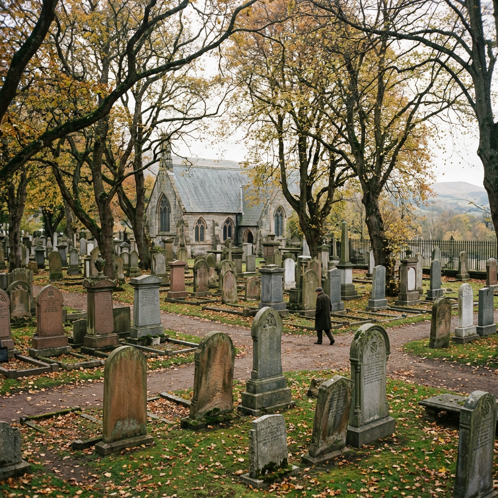 Gravestones in a cemetery with autumn leaves and a person walking along a path